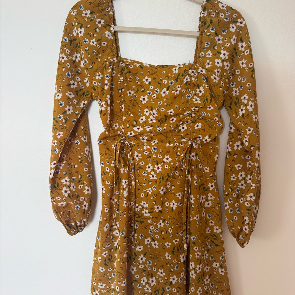 SHEIN Mustard Floral Long Sleeve Dress